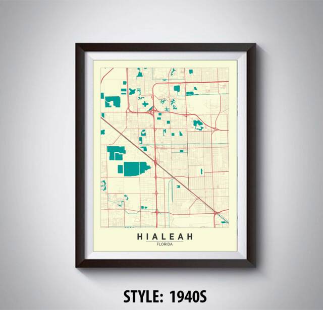Hialeah Florida Map Art Print 1940S Style Office Decor - image 1