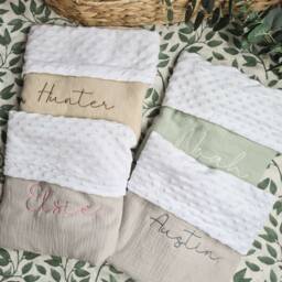 Personalised Soft Baby Gift Blanket, Cotton Muslin & Minky Layer Embroidered Name Blanket Gift, Newborn - thumbnail 2