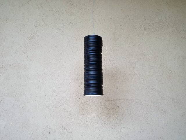 Handmade Black Ceramic Cylinder Pendant Light Carved Texture - image 1