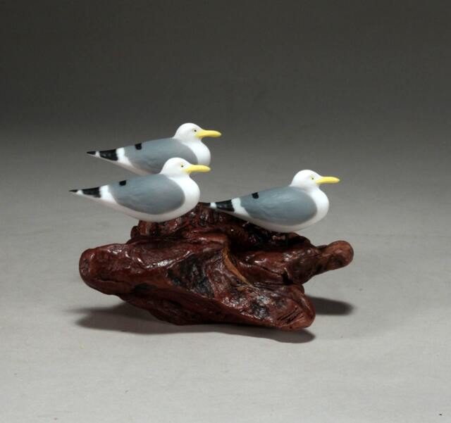Seagull Sculpture By John Perry Trio 6In Long On Burlwood Statue Decor Figurine - image 1