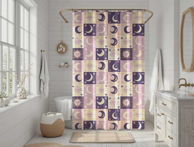 Celestial Shower Curtain - Sun & Moon Bathroom Decor Witchy Boho Aesthetic Astrology Star Whimsigoth
