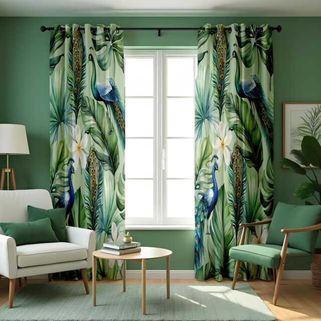 Tropical Peacock Curtains, Exotic Jungle Leaf Drapes With Blue Birds & Flowers, Made To Measure Window Panels, Eyelet Or Rod Pocket Curtains - image 1