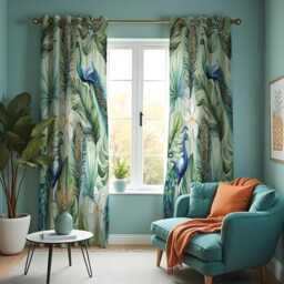 Tropical Peacock Curtains, Exotic Jungle Leaf Drapes With Blue Birds & Flowers, Made To Measure Window Panels, Eyelet Or Rod Pocket Curtains - thumbnail 2