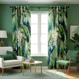 Tropical Peacock Curtains, Exotic Jungle Leaf Drapes With Blue Birds & Flowers, Made To Measure Window Panels, Eyelet Or Rod Pocket Curtains