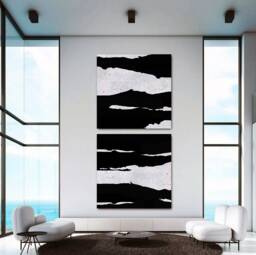 Modern Black White Painting, Abstract Wall Art Set, Large Textured Canvas Art, Contemporary Decor Minimalist For Office & Gift Him - thumbnail 1