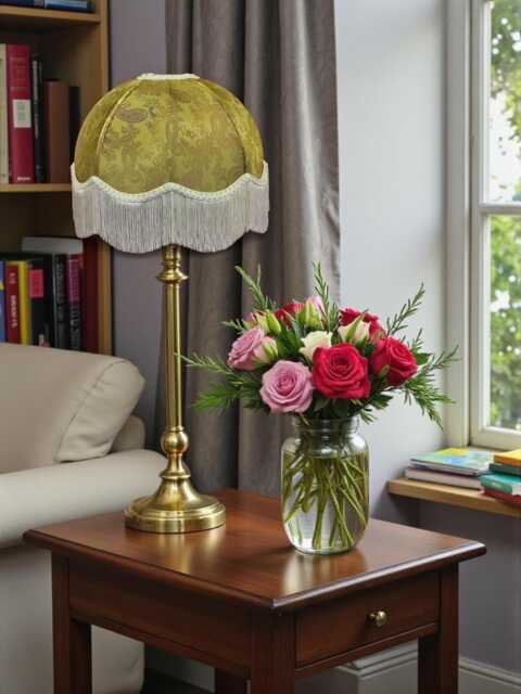 Gold Paisley Print Fabric Lampshade With Cream Fringe Handmade For Table & Floor Standard Lamp Shades, Ceiling Lights - image 1