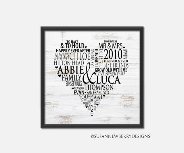 Personalized Word Cloud Heart Print Or Canvas Wedding Anniversary Wall Art - Gift For Newlyweds - image 1