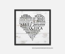 Personalized Word Cloud Heart Print Or Canvas Wedding Anniversary Wall Art - Gift For Newlyweds