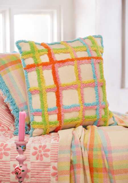 Colourful Tufted Check Cushion Cover 45x45cm - Multicolour Throw Pillow Recycled Cotton Handmade in India Boho Sofa - image 1