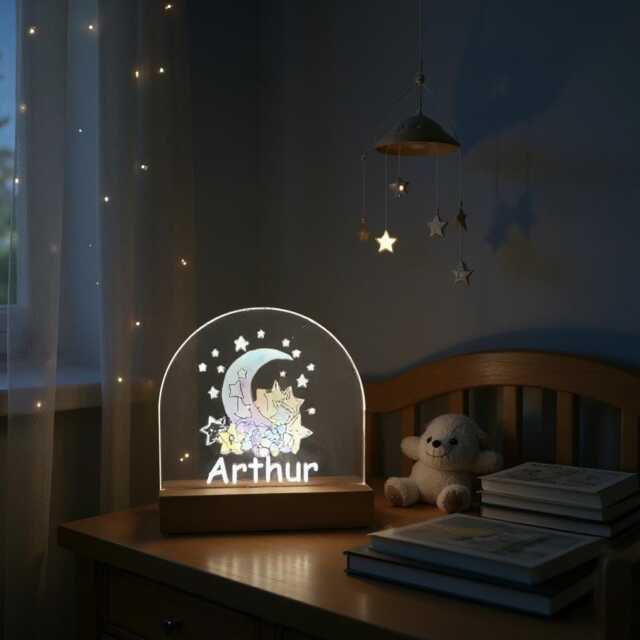Personalized Kids Night Light Colorful Moon & Stars - Nursery Led Acrylic Lamp - image 1