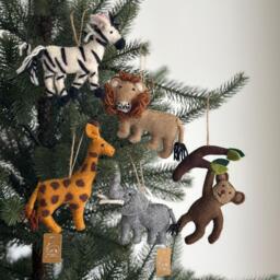 Safari Animal Christmas Ornament Set, Felt Giraffe, Elephant, Zebra, Biodegradable Ornament, From Ganapati Crafts
