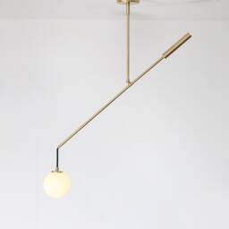 Modern Brass Counterbalance Pendant Lamp With Opal Glass Globe