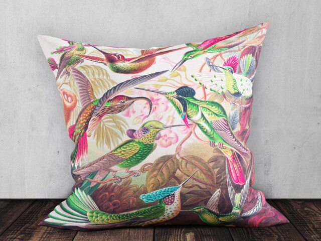 Tropical Hummingbirds Square Cushion, Vintage Art Cushion, Floral Throw Pillow - image 1
