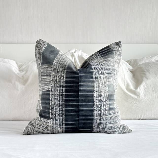 Handmade Hmong Hemp Pillow Cover Black & Grey Striped Vintage Textile - 20 - image 1