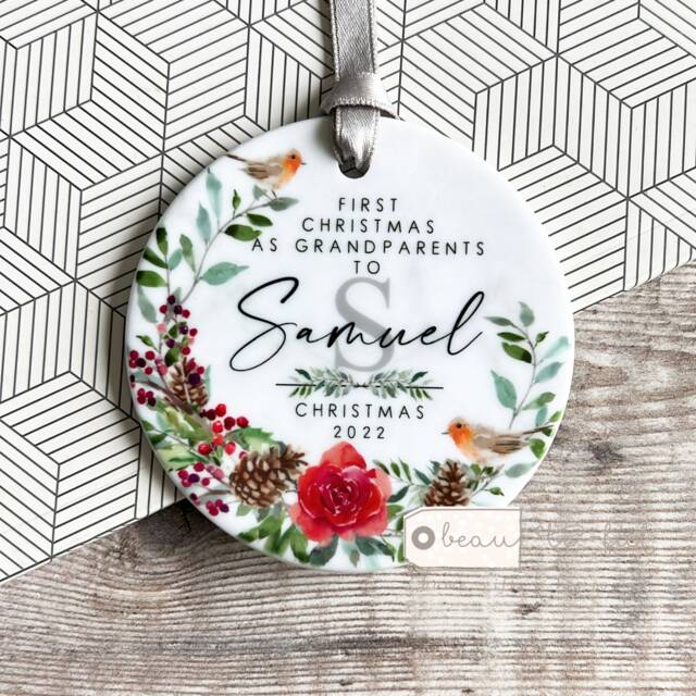 Personalised First Christmas As Grandparents Gran Grandma Nanna New Baby Robin Greenery Design Ceramic Round Ornament Keepsake - image 1