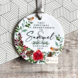 Personalised First Christmas As Grandparents Gran Grandma Nanna New Baby Robin Greenery Design Ceramic Round Ornament Keepsake - thumbnail 1