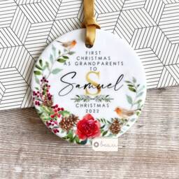 Personalised First Christmas As Grandparents Gran Grandma Nanna New Baby Robin Greenery Design Ceramic Round Ornament Keepsake - thumbnail 2