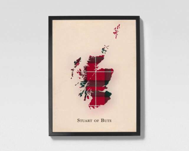 Clan Stuart Of Bute Scottish Tartan Map - Scotland Family Wall Decor, Ready To Hang - image 1