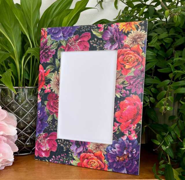Pink, Orange & Purple Flower Black Background Decoupaged Photo Frame, Floral Shabby Chic Wooden Picture Pink Home - image 1
