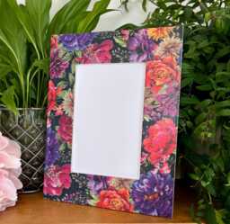 Pink, Orange & Purple Flower Black Background Decoupaged Photo Frame, Floral Shabby Chic Wooden Picture Pink Home