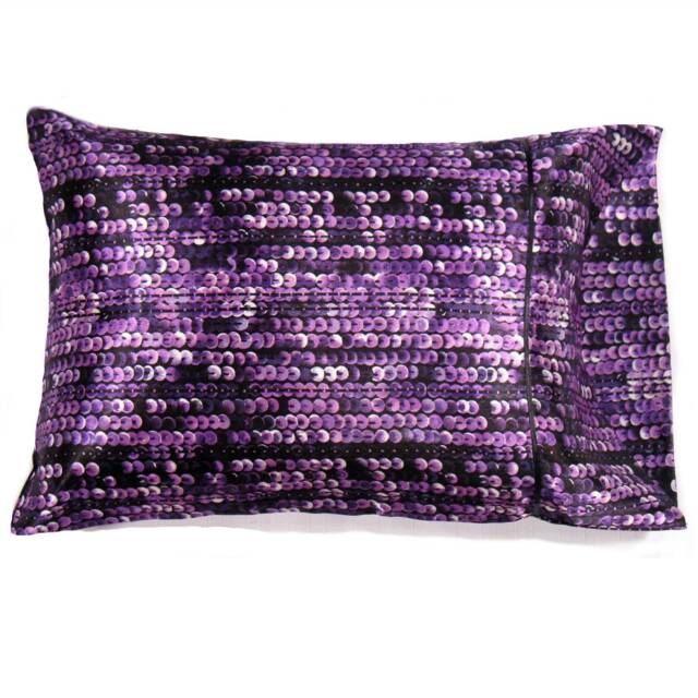 Purple Sequin Accent Pillow, Black Charmeuse Satin Travel Pillowcase - 12x16