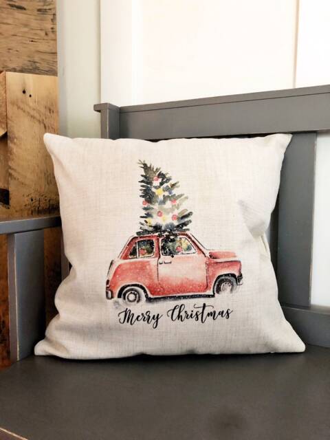Merry Christmas Tree Pillow Cover Oatmeal Linen Farmhouse Decor - image 1