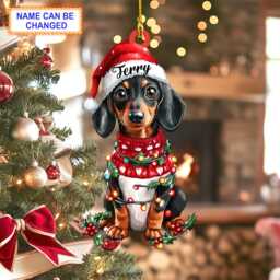Custom Name Cute Dachshund Dog Christmas Lights Personalized Ornament, Tree Hanging Decor, Flat 2D Ornament - thumbnail 1
