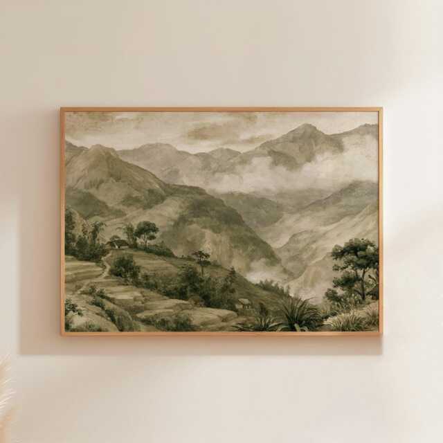 Green Mountain Poster, Misty Valley Print, Landscape Wall Art, Paper - image 1