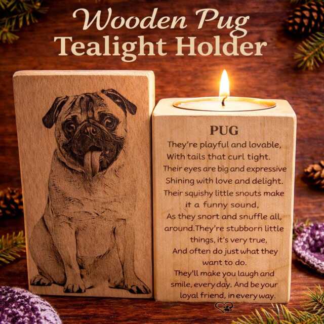 Engraved Wooden Pug Tealight Holder, Beech Wood Dog Lover Gift - image 1