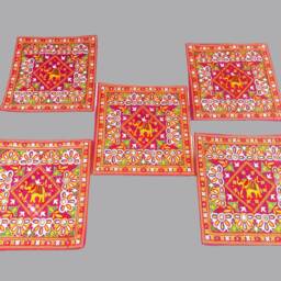Designer Gujarati Work Decorative Pillow Cover, Cushion Covers - 16 X 16 Inches - Set Of 5 Pcs, Throw Pillow, Cotton Cover Set - thumbnail 2