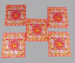 Designer Gujarati Work Decorative Pillow Cover, Cushion Covers - 16 X 16 Inches - Set Of 5 Pcs, Throw Pillow, Cotton Cover Set - thumbnail 1
