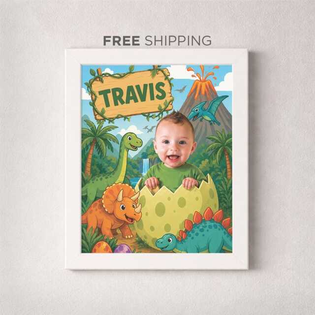 Personalized Baby Dinosaur Photo Frame, Custom Kids Picture Gift, Name Nursery Wall Art, Toddler Birthday Dino Theme Decor - image 1