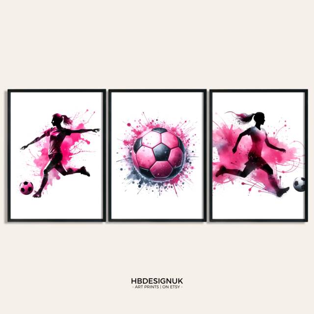 Girls Football Wall Art Prints - Set Of 3 Soccer - Girl Bedroom Decor Teen Room Pink Print Poster - image 1