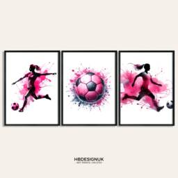 Girls Football Wall Art Prints - Set Of 3 Soccer - Girl Bedroom Decor Teen Room Pink Print Poster - thumbnail 1