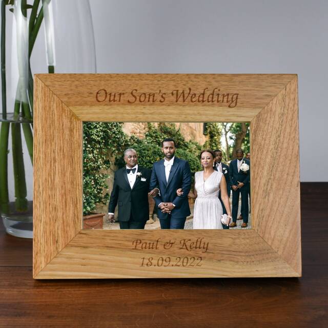 Personalised Our Sons Wedding Wooden Photo Frame 6x4 5x7 Engraved Gift For Parents Mother Father Of Groom Bride Thank You Keepsake Oak - image 1