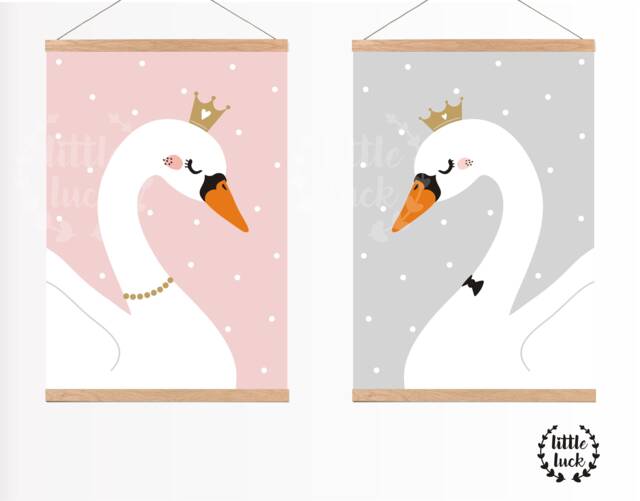 Two Children's Rooms - Poster Swan Couple A4 Illustration Swans Print Set
