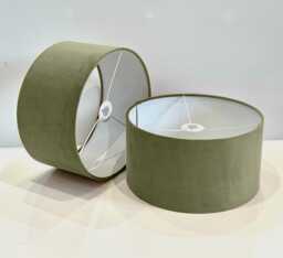 New Handmade Sage Green Velvet Drum Lamp Shade Suitable For Tables & Ceilings With White Lining All Shapes Available Sizes On Demand - thumbnail 1