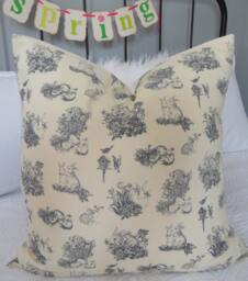 Easter Bunny Toile Pillow Cover Yellow Farmhouse Spring Decor - thumbnail 1