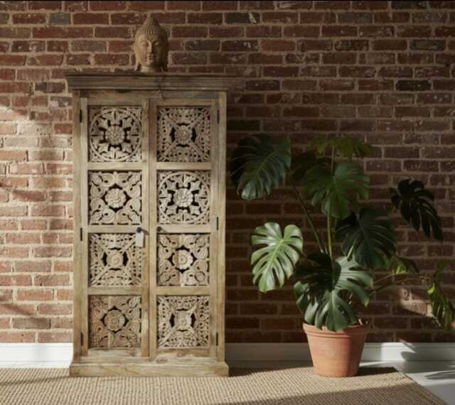 6Ft Tall Rustic Wood Storage Cabinet-Ornate Hand Carved Cupboard 3 Shelves-Larder Linen Clothes Drinks Organiser-H180cm X 99cm-Home Delivery - image 1