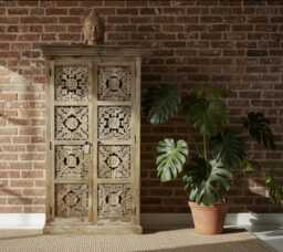 6Ft Tall Rustic Wood Storage Cabinet-Ornate Hand Carved Cupboard 3 Shelves-Larder Linen Clothes Drinks Organiser-H180cm X 99cm-Home Delivery - thumbnail 1