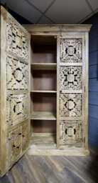 6Ft Tall Rustic Wood Storage Cabinet-Ornate Hand Carved Cupboard 3 Shelves-Larder Linen Clothes Drinks Organiser-H180cm X 99cm-Home Delivery - thumbnail 3