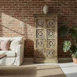 6Ft Tall Rustic Wood Storage Cabinet-Ornate Hand Carved Cupboard 3 Shelves-Larder Linen Clothes Drinks Organiser-H180cm X 99cm-Home Delivery - thumbnail 2