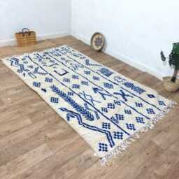Handwoven Wool Azilal Rug - Indigo Tribal Symbols, Boho Berber Art, Minimalist Wall Hanging - thumbnail 3