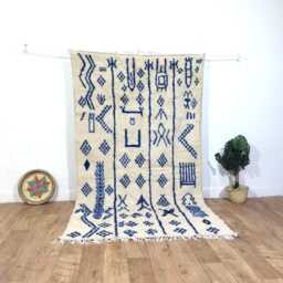 Handwoven Wool Azilal Rug - Indigo Tribal Symbols, Boho Berber Art, Minimalist Wall Hanging - thumbnail 2