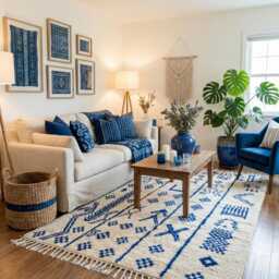 Handwoven Wool Azilal Rug - Indigo Tribal Symbols, Boho Berber Art, Minimalist Wall Hanging - thumbnail 1