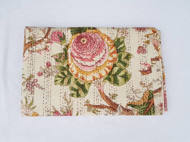 Indian Kantha Quilt Block Printed Blanket Cotton Bedspread Handmade Coverlet Throw Queen & Twin Size Bedcover - image 1