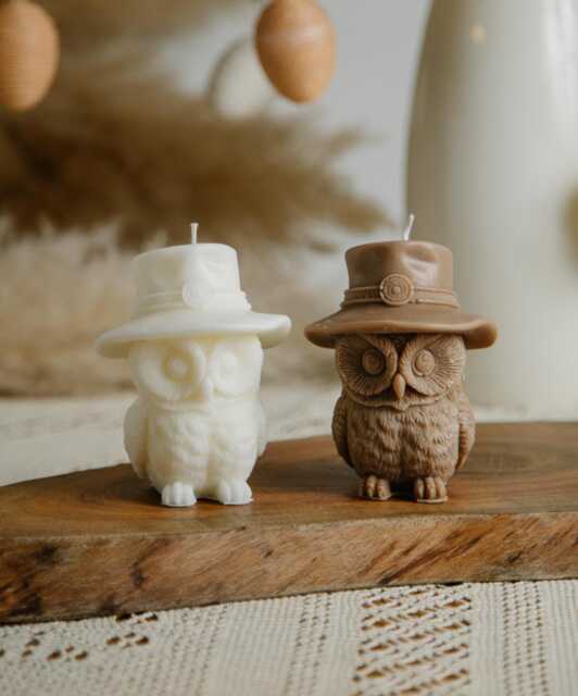 Owl Candle With Hat - Handmade Neutral Decor - image 1