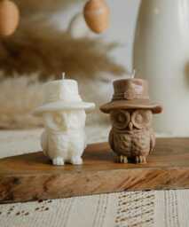 Owl Candle With Hat - Handmade Neutral Decor - thumbnail 1