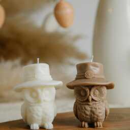 Owl Candle With Hat - Handmade Neutral Decor - thumbnail 3