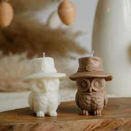 Owl Candle With Hat - Handmade Neutral Decor - thumbnail 4